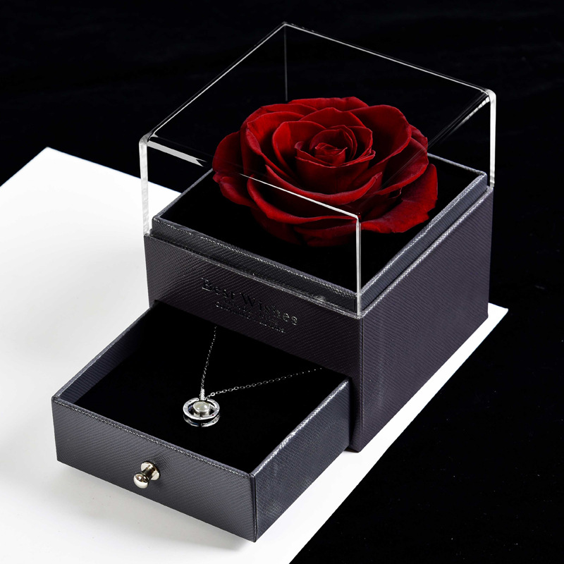 Eternal Flower Acrylic Jewelry Box with Artificial Rose Drawer – Necklace Pendant Valentine's Gift